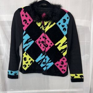 vintage 90s feather trim beaded animal print chenille cardigan Md y2k checker